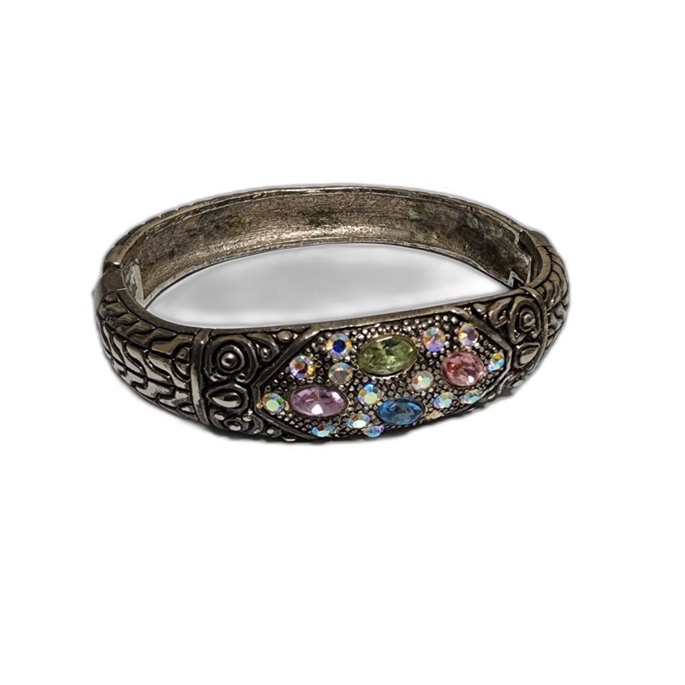 Vintage Antique Silver Tone Multi-Color Rhinestone Hinged Bangle
